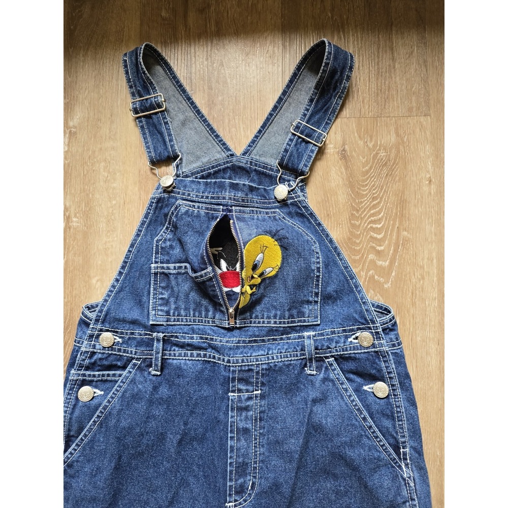 Looney Tunes Tweety Sylvester Denim Overalls  90s Kidcore M 7/8 Carpenter Gorp